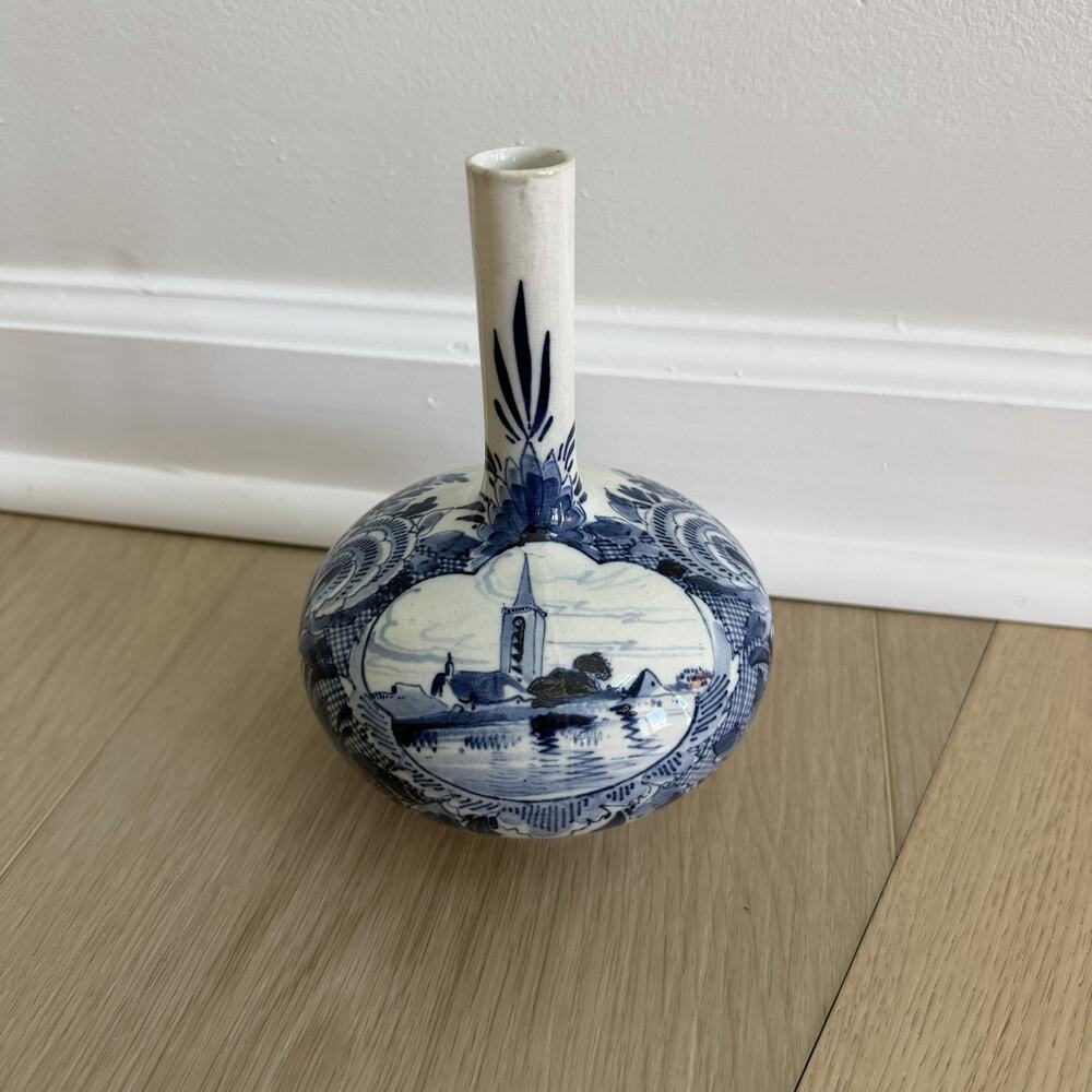 Vintage Delft Blue Hand Painted Ceramic Vase Floral Landscape